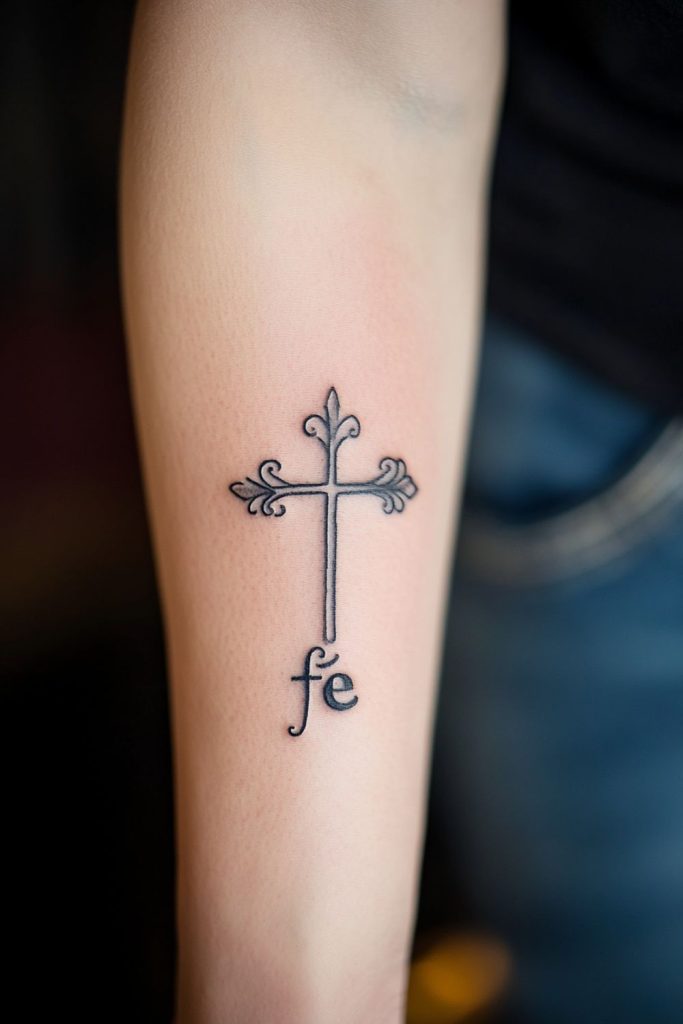 Elegant Cross and ‘Fe’ Combination Tattoo