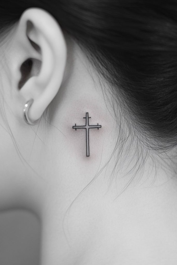 Elegant Minimalist Cross Tattoo Behind the Ear