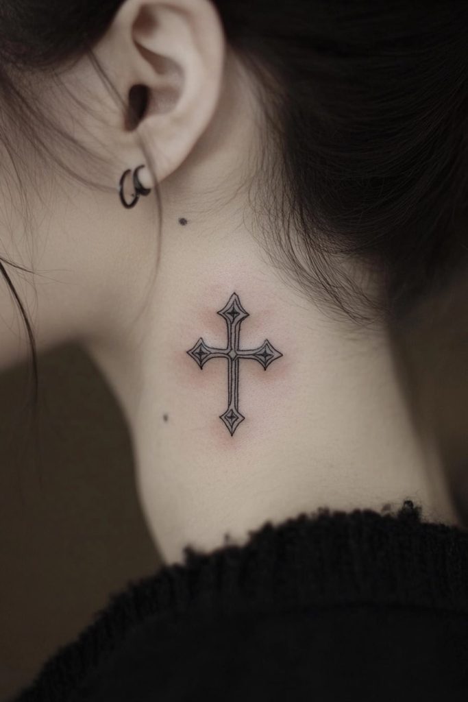 Intricate Gothic Cross Tattoo on the Neck