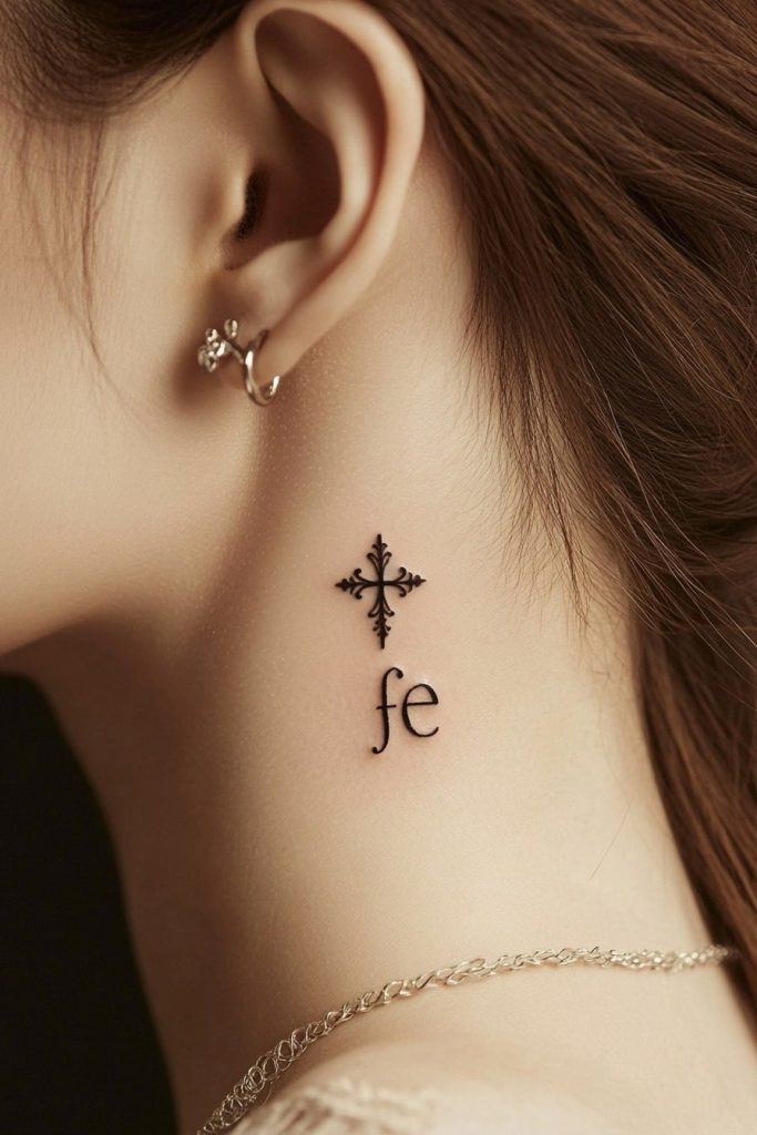 Bold ‘Fe’ and Floral Cross Neck Tattoo