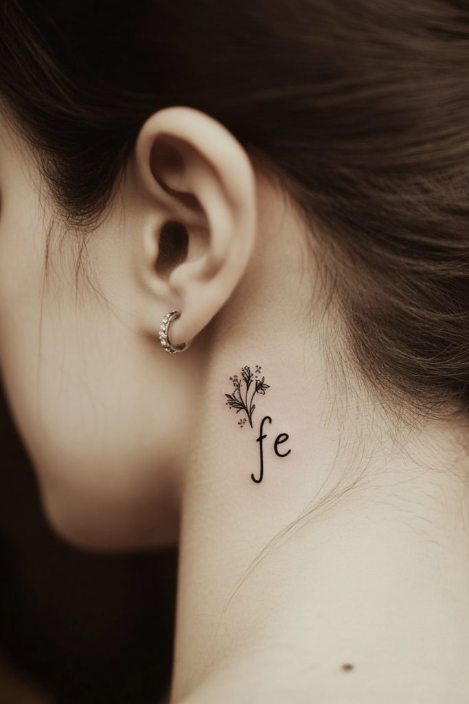 Floral Elegance with ‘Fe’ Tattoo Behind the Ear