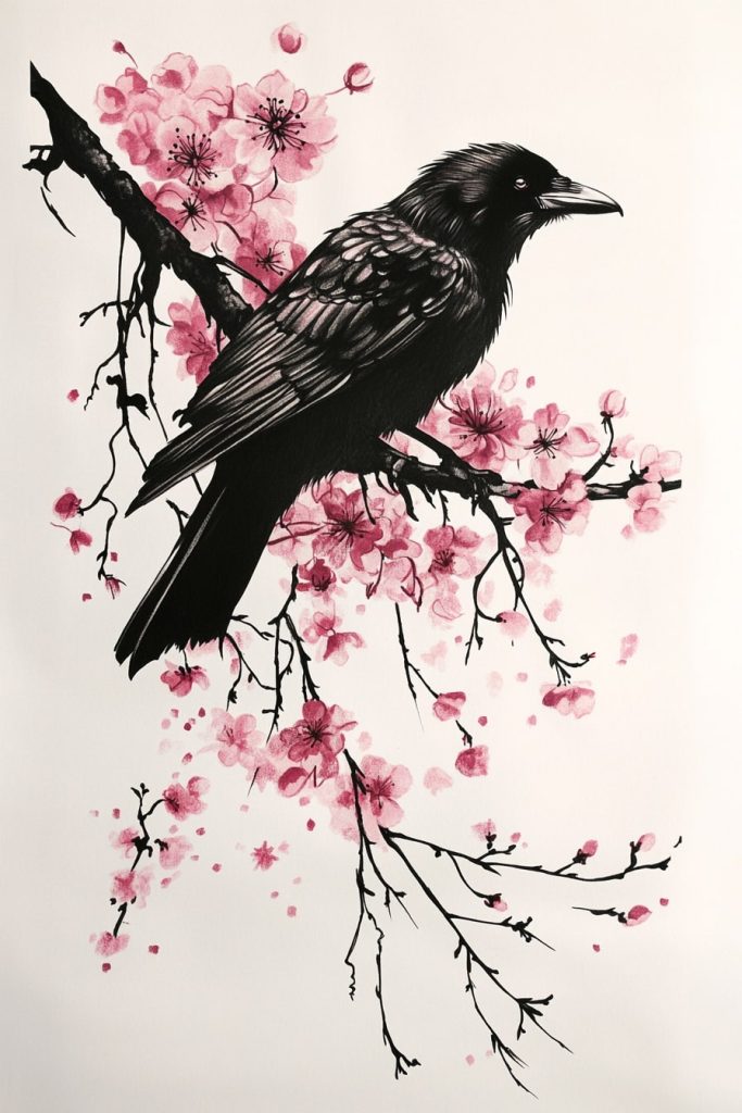 Gothic Cherry Blossoms with Ravens