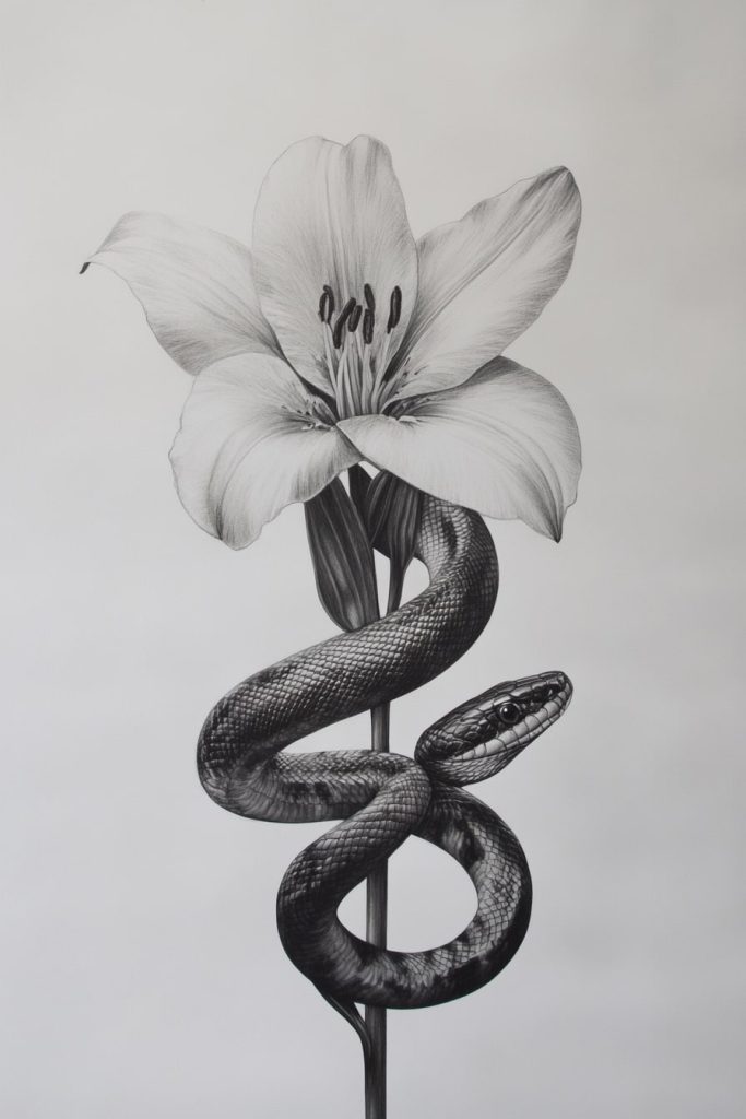 Snake Wrapped Around a Lily