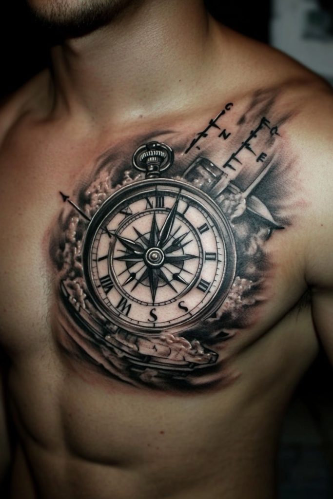 Compass and Clock Chest Tattoos