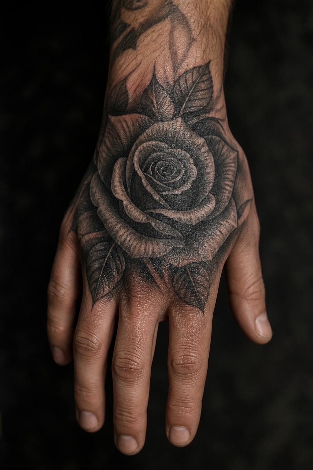 Blackwork rose back of hand tattoo for men and women