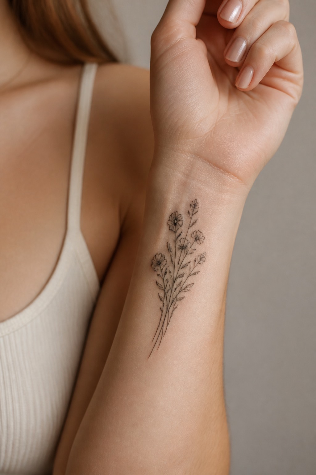 Fine line wildflower bouquet wrist tattoo for women