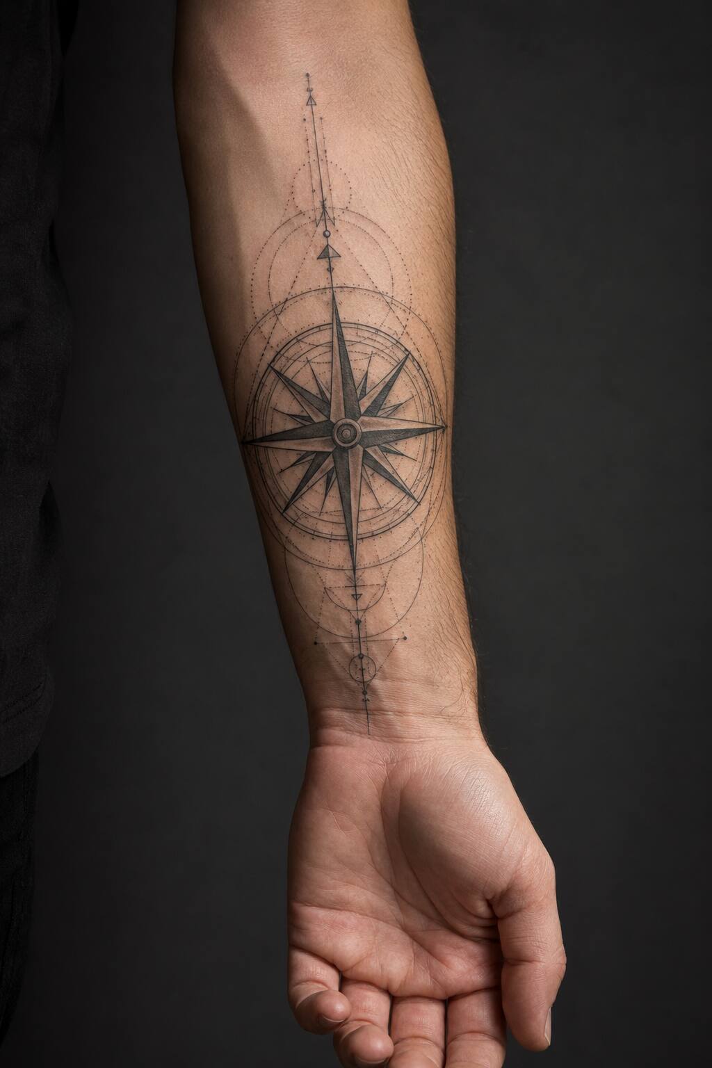 Geometric compass inner forearm tattoo for men