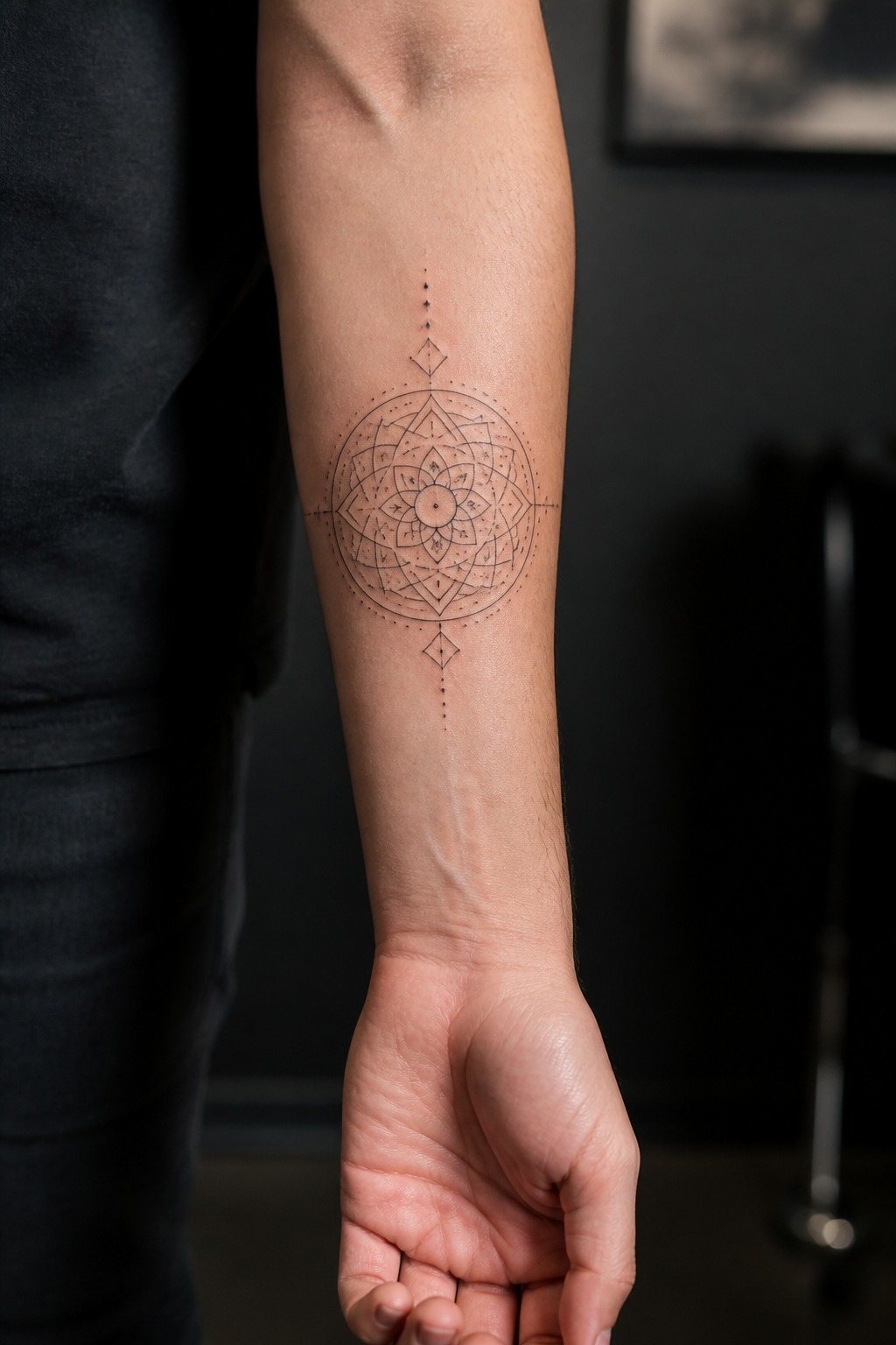 Fine line geometric mandala inner forearm tattoo
