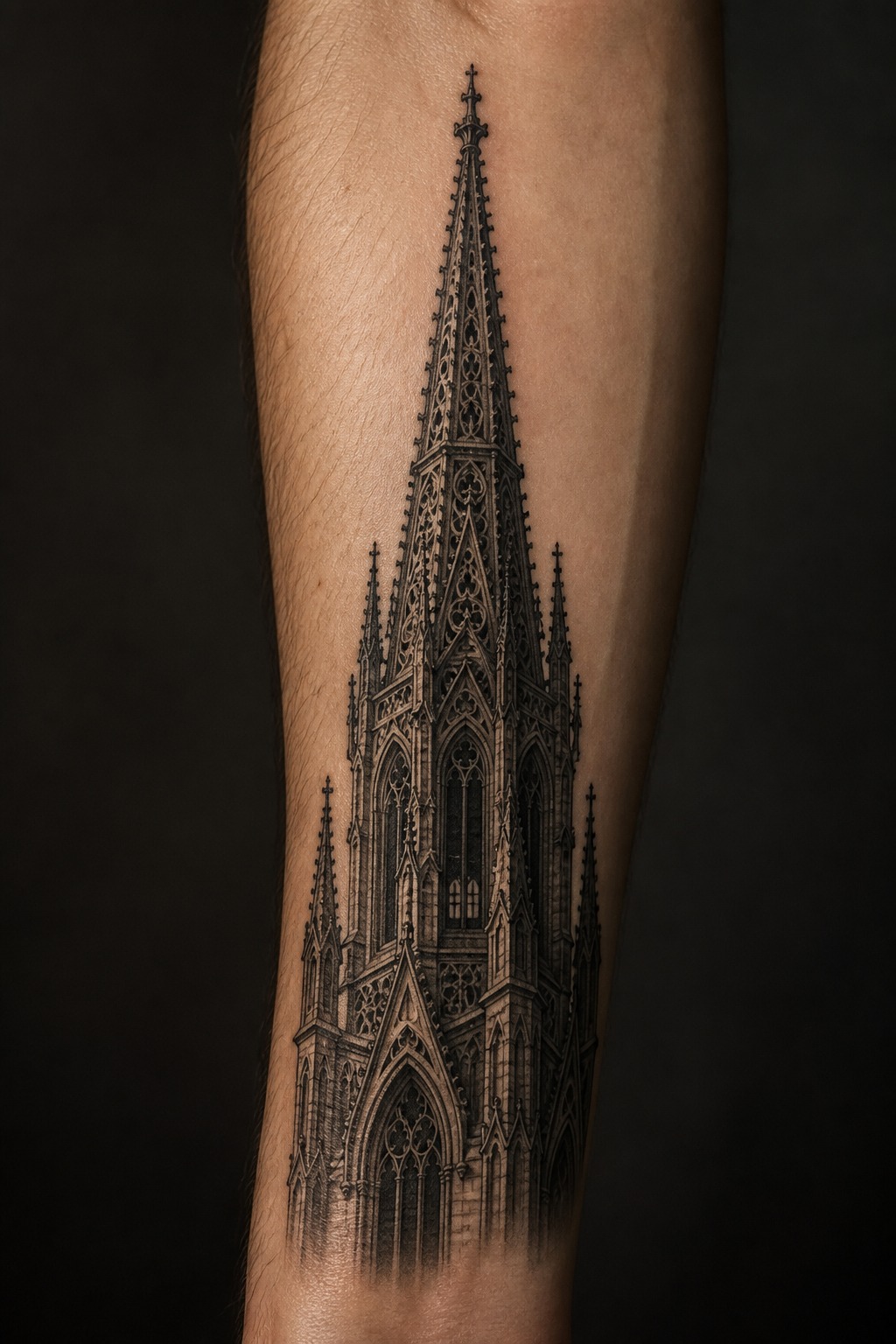 Gothic cathedral spire forearm tattoo