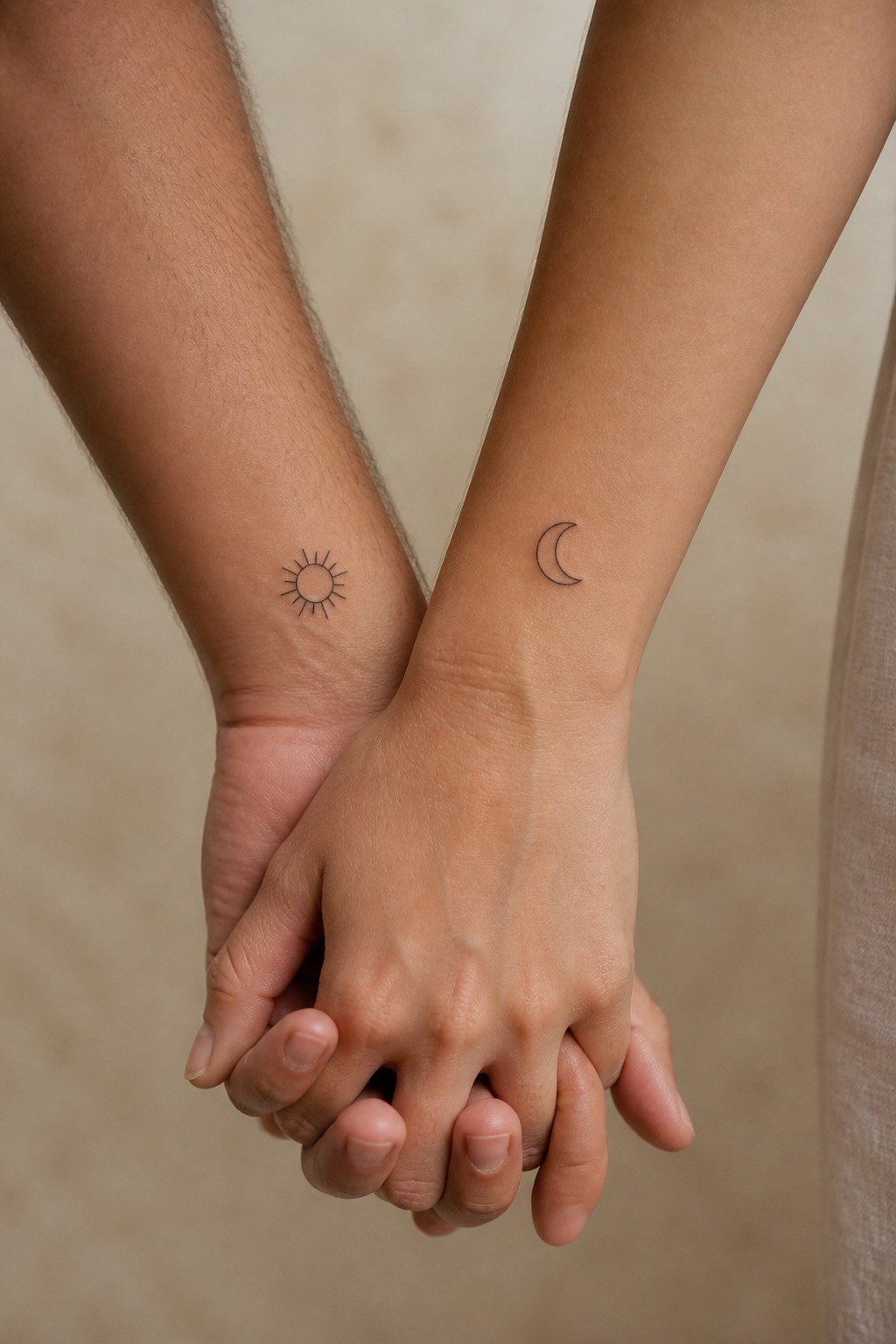 Minimalist sun and moon wrist couple tattoo pair