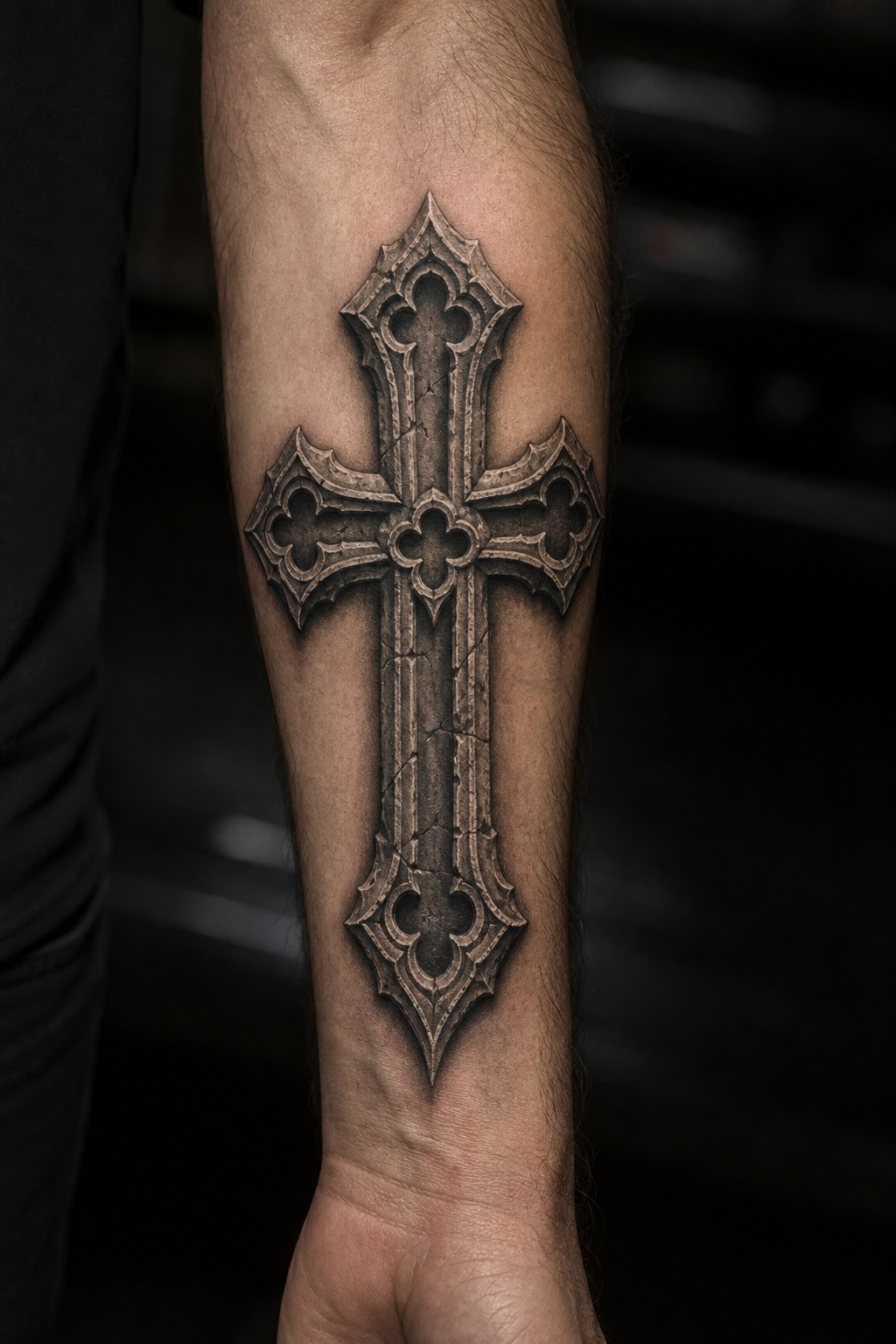 Ornate stone gothic cross forearm tattoo