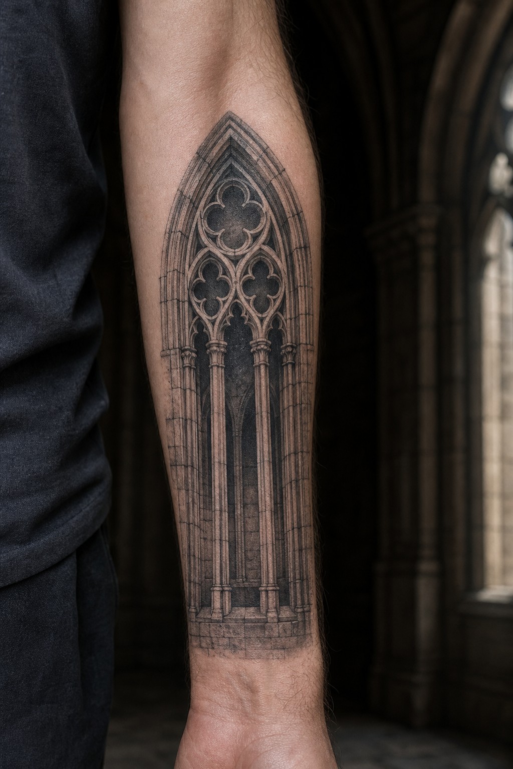 Pointed cathedral lancet window forearm tattoo