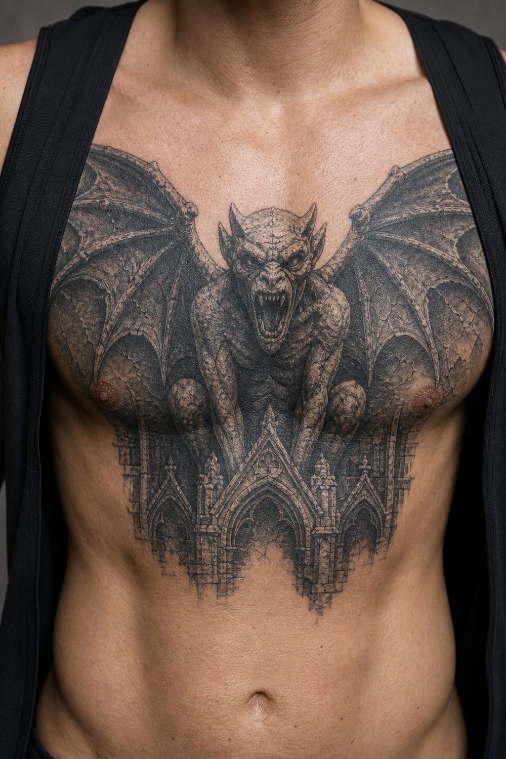 Stone cathedral gargoyle chest piece tattoo for men