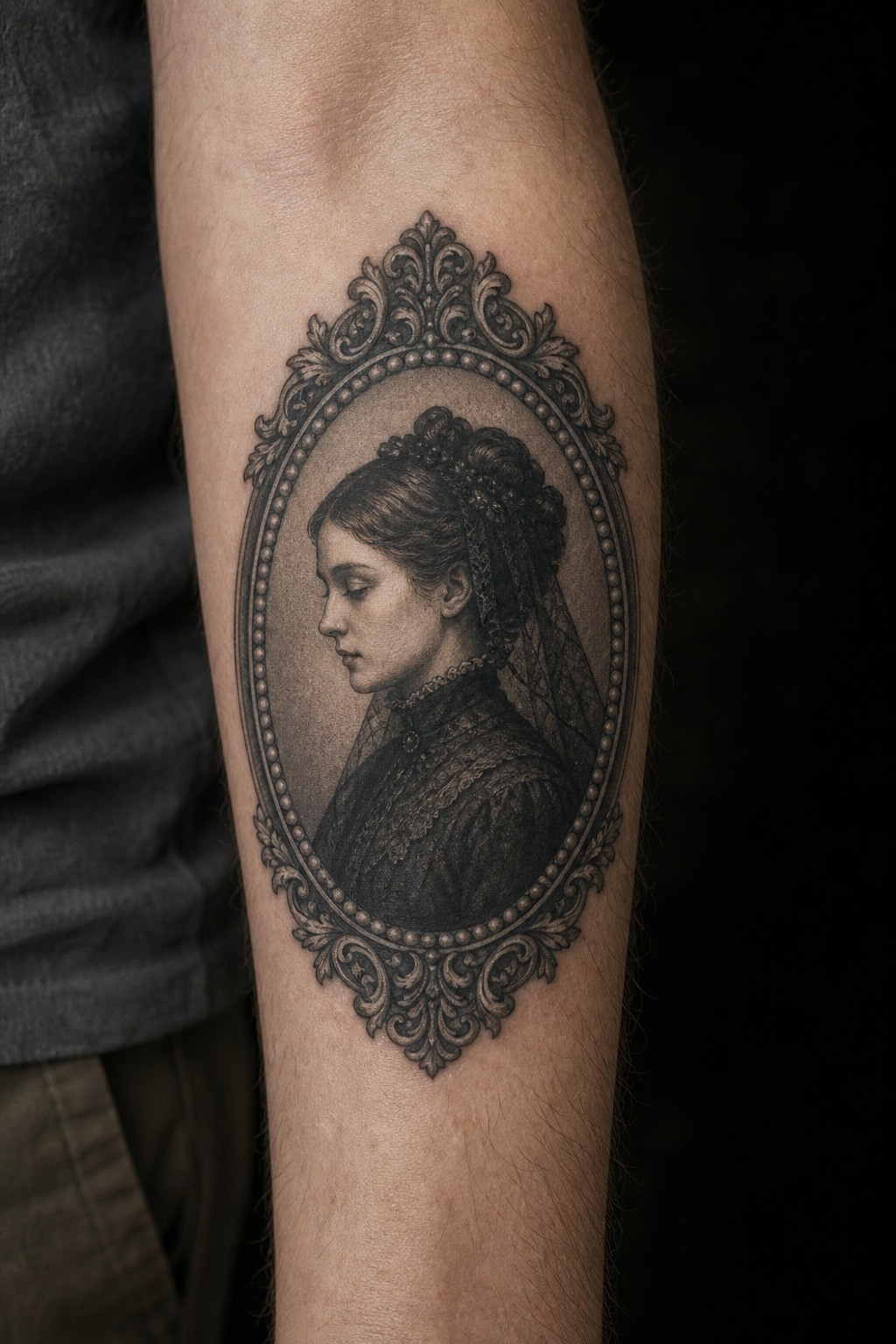 Oval Victorian cameo mourning portrait forearm tattoo