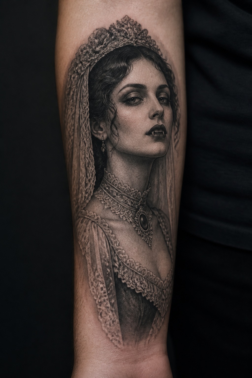 Vintage vampiric bride portrait forearm tattoo