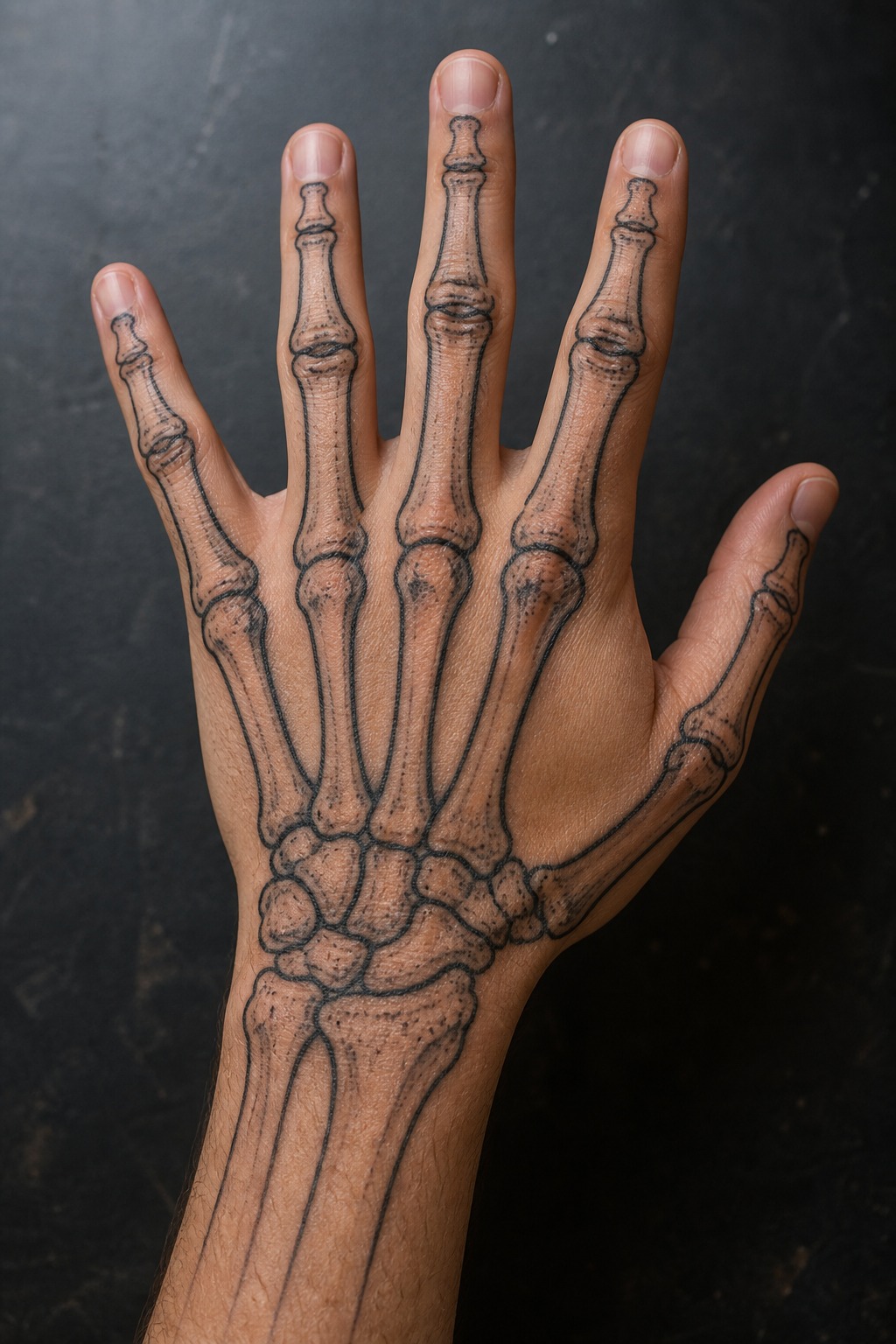 Anatomical skeleton hand bone linework tattoo