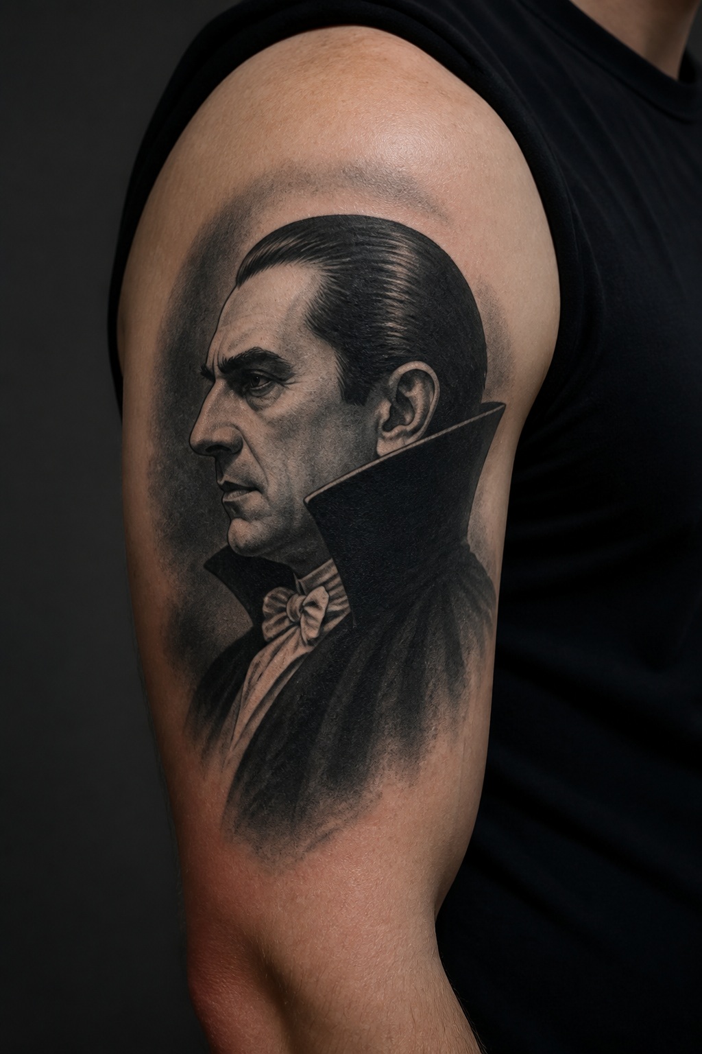Classic Count Dracula shadow bicep tattoo