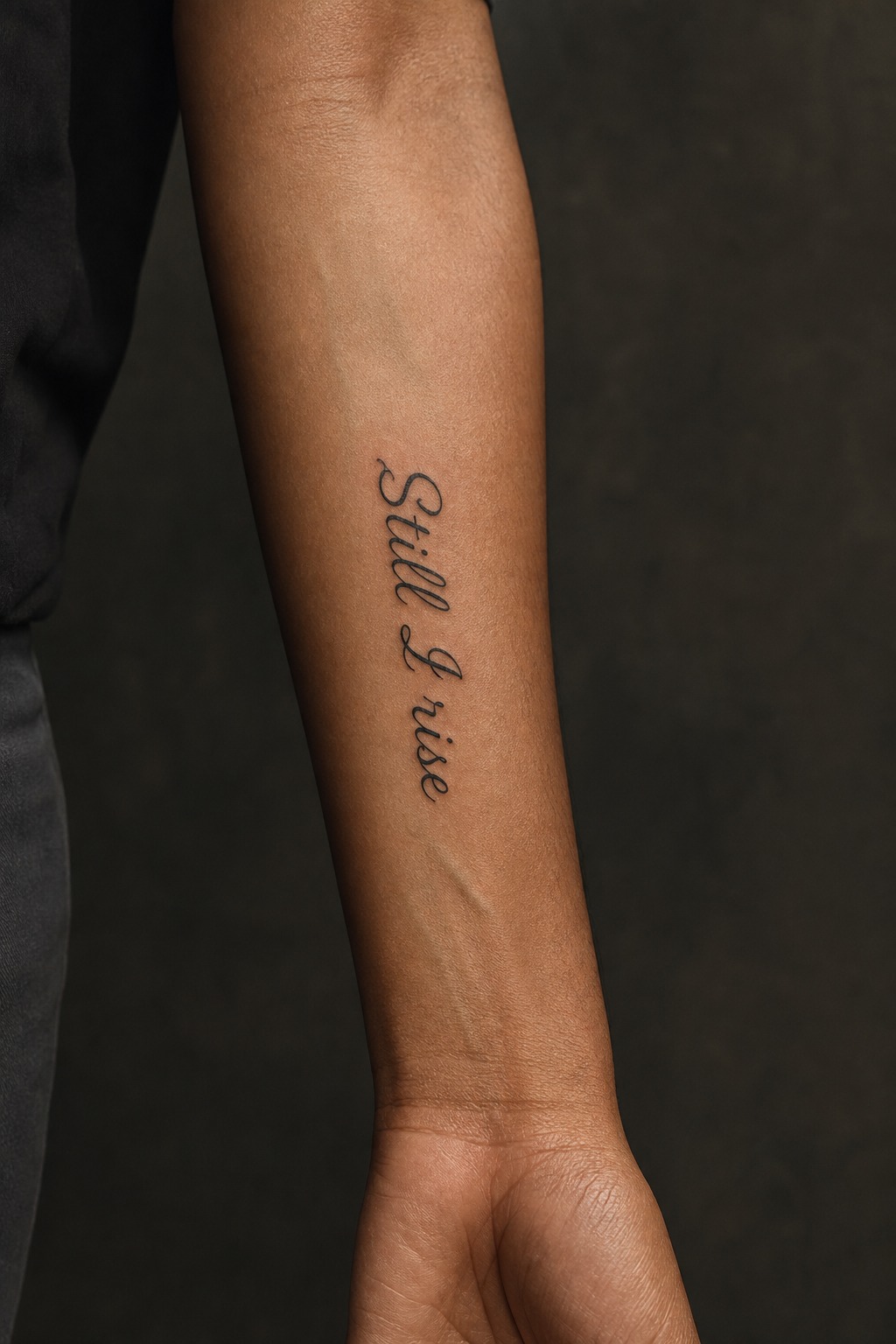 Cursive script quote inner forearm tattoo