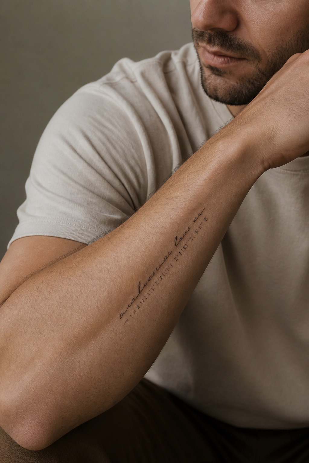 Fine line forearm script tattoo for men