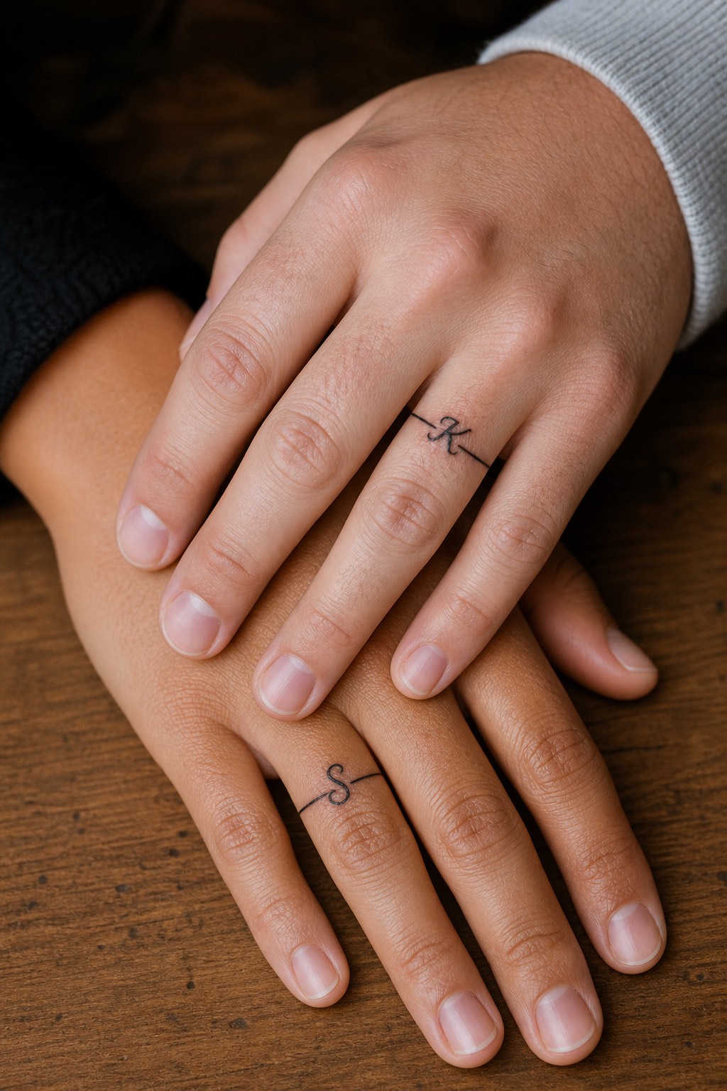 Fine line initial finger band matching couple tattoos