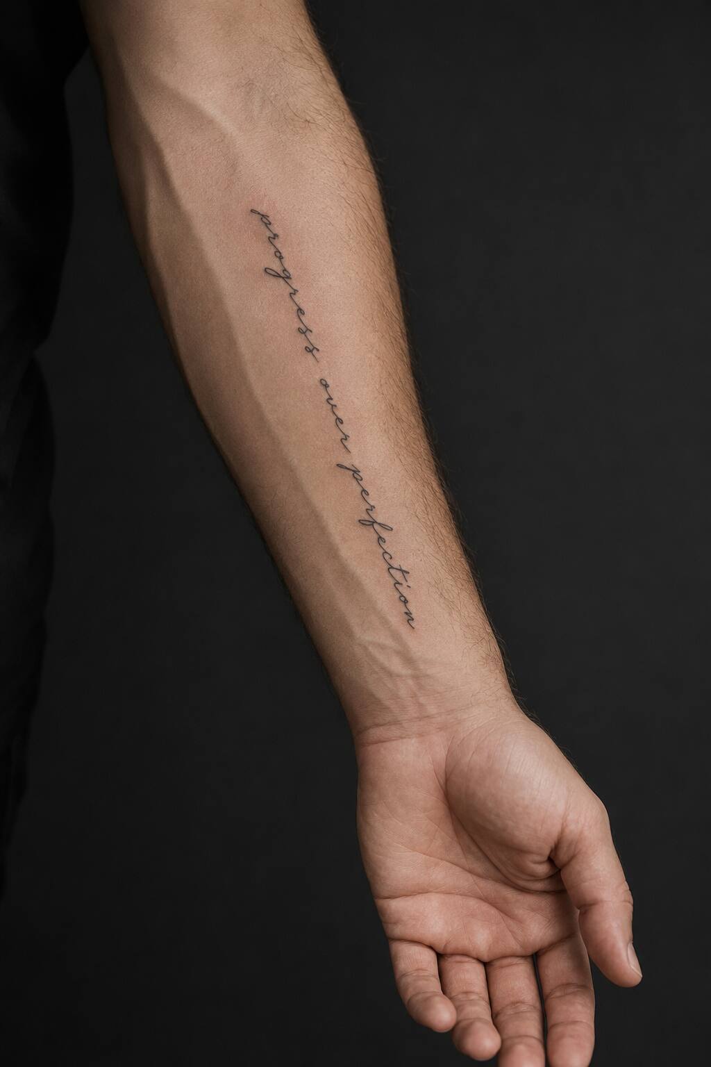 Fine line quote inner forearm script tattoo for men