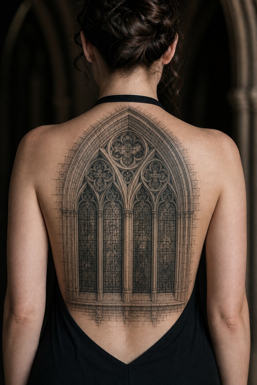 Triple lancet arch cathedral window back tattoo