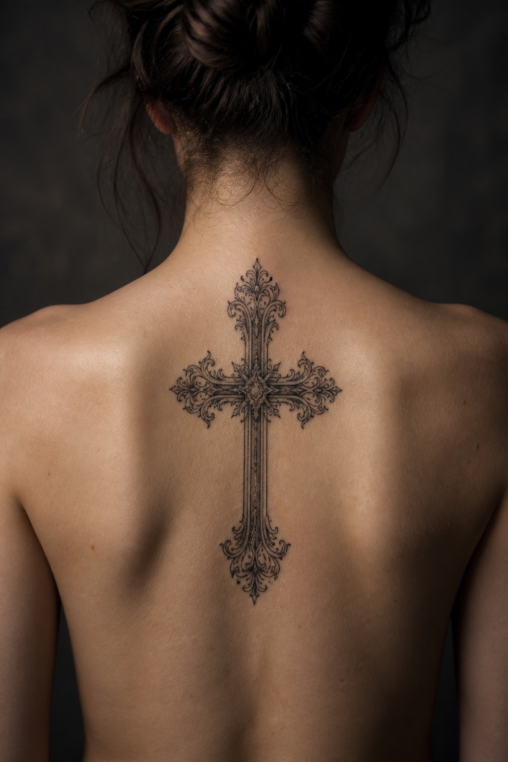 Victorian filigree gothic cross back tattoo