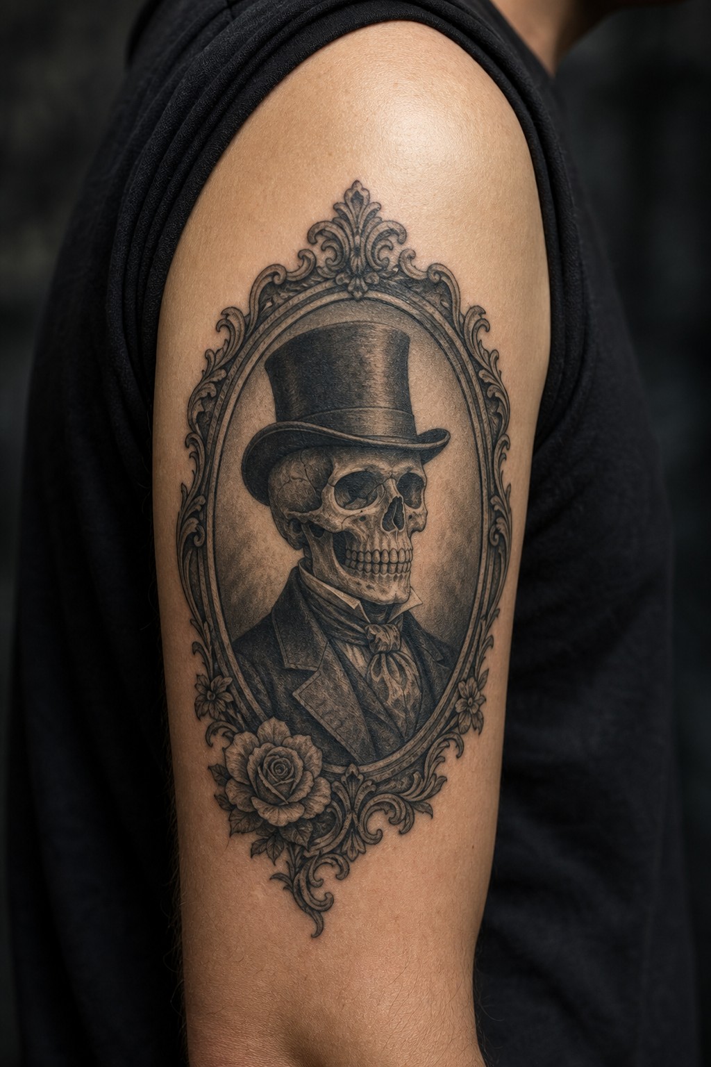 Victorian skeleton gentleman portrait bicep tattoo