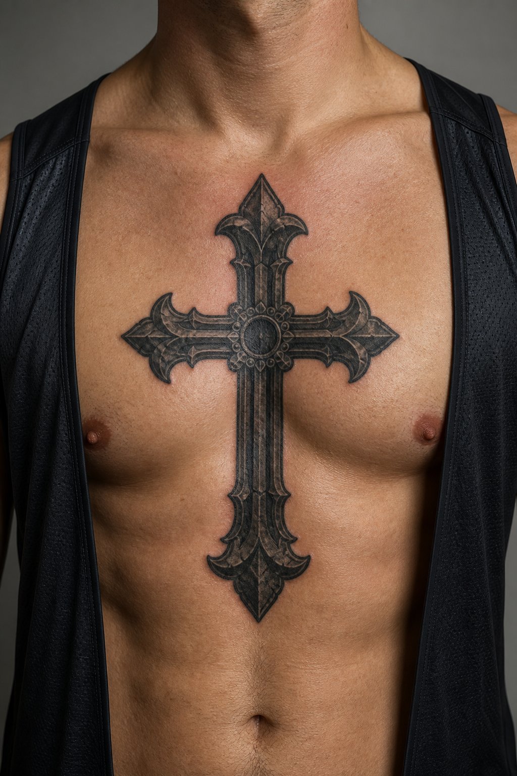 Wrought iron spiked gothic cross chest tattoo for men