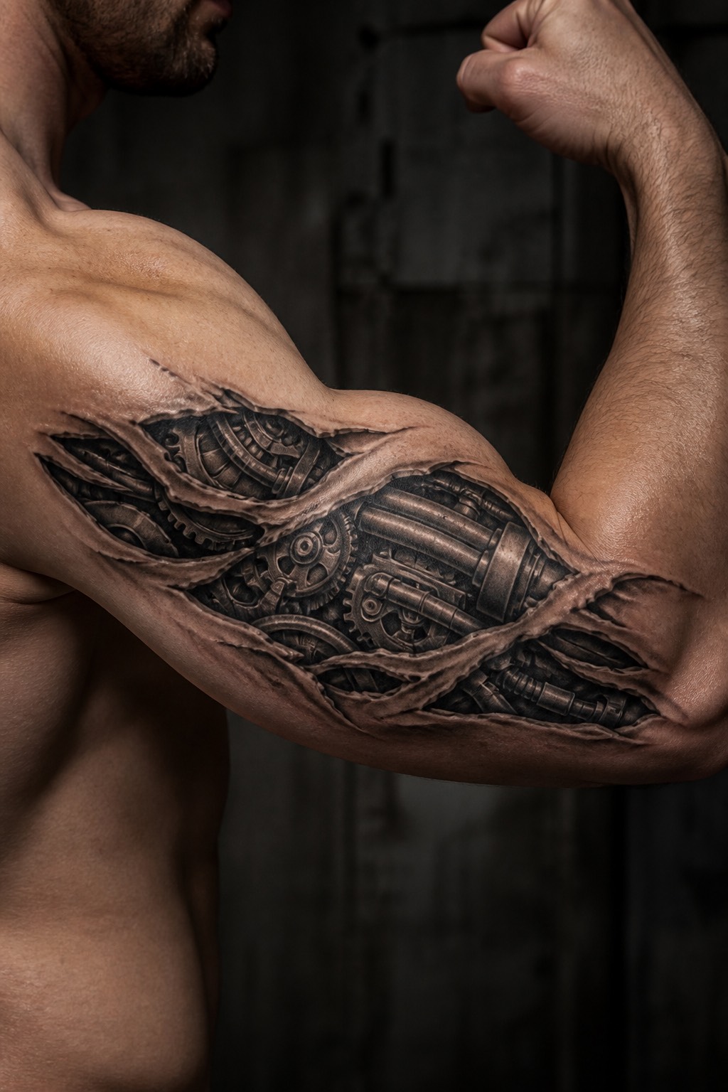 Anatomical mechanical bicep tattoo for men