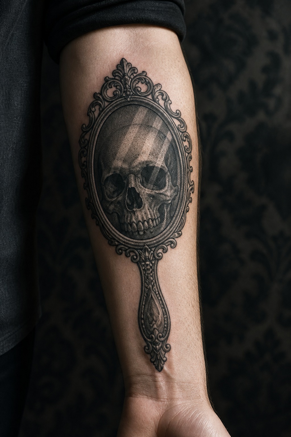 Antique oval mirror with skull reflection tattoo