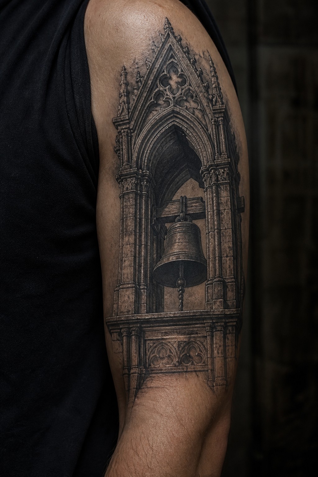 Bell tower arch bicep tattoo