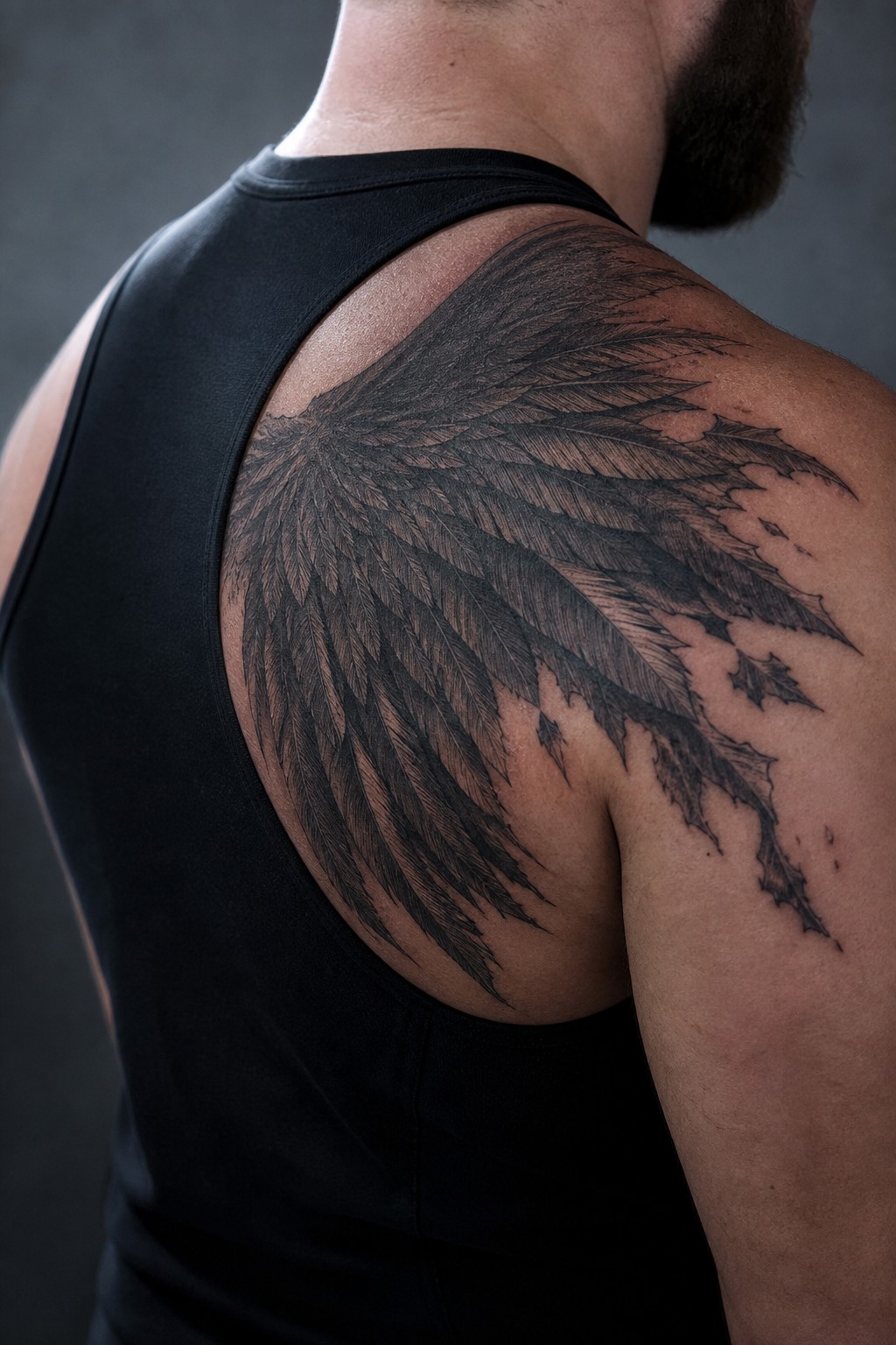 Dark fallen angel wing shoulder tattoo for men