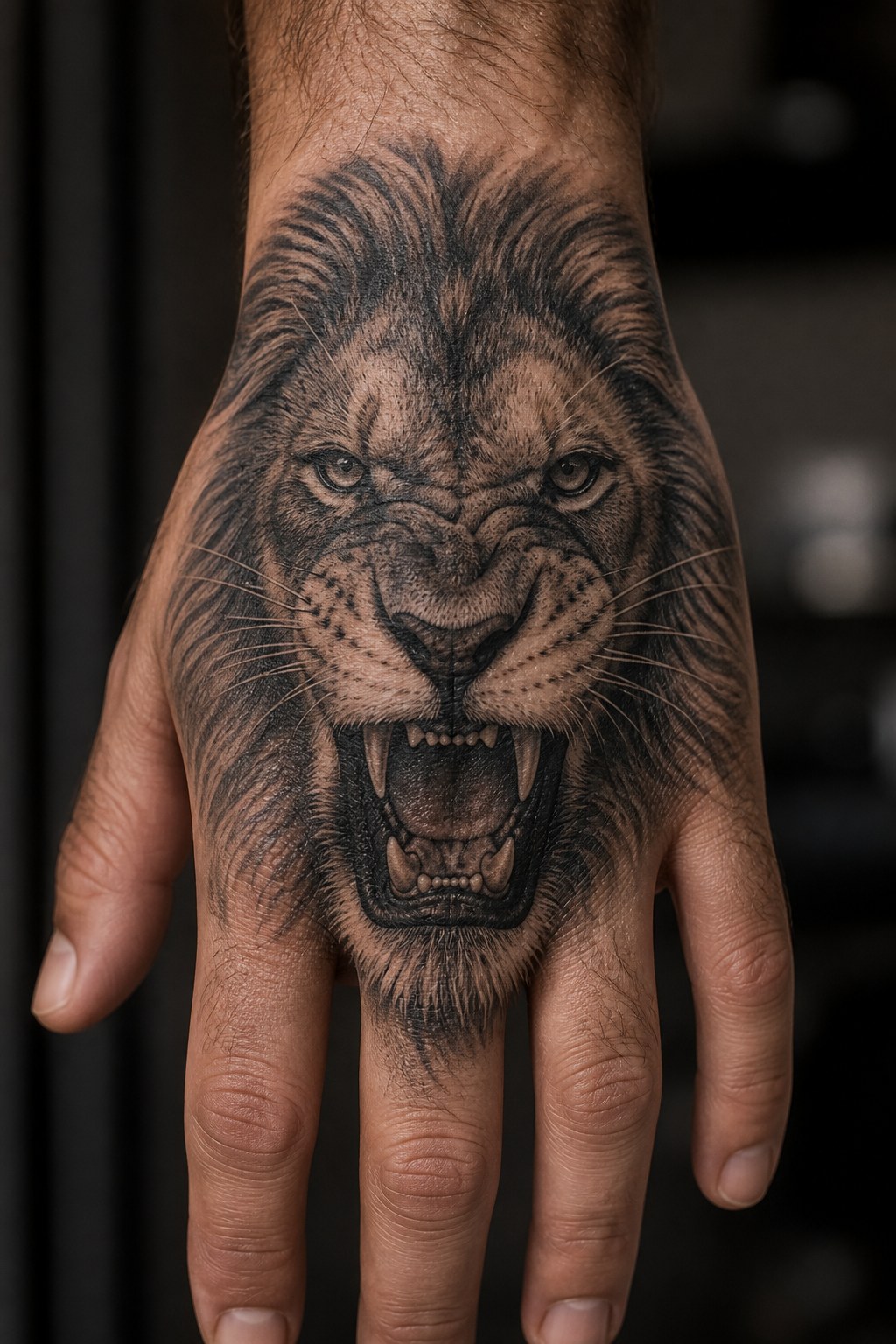 Fierce lion head back of hand tattoo for men