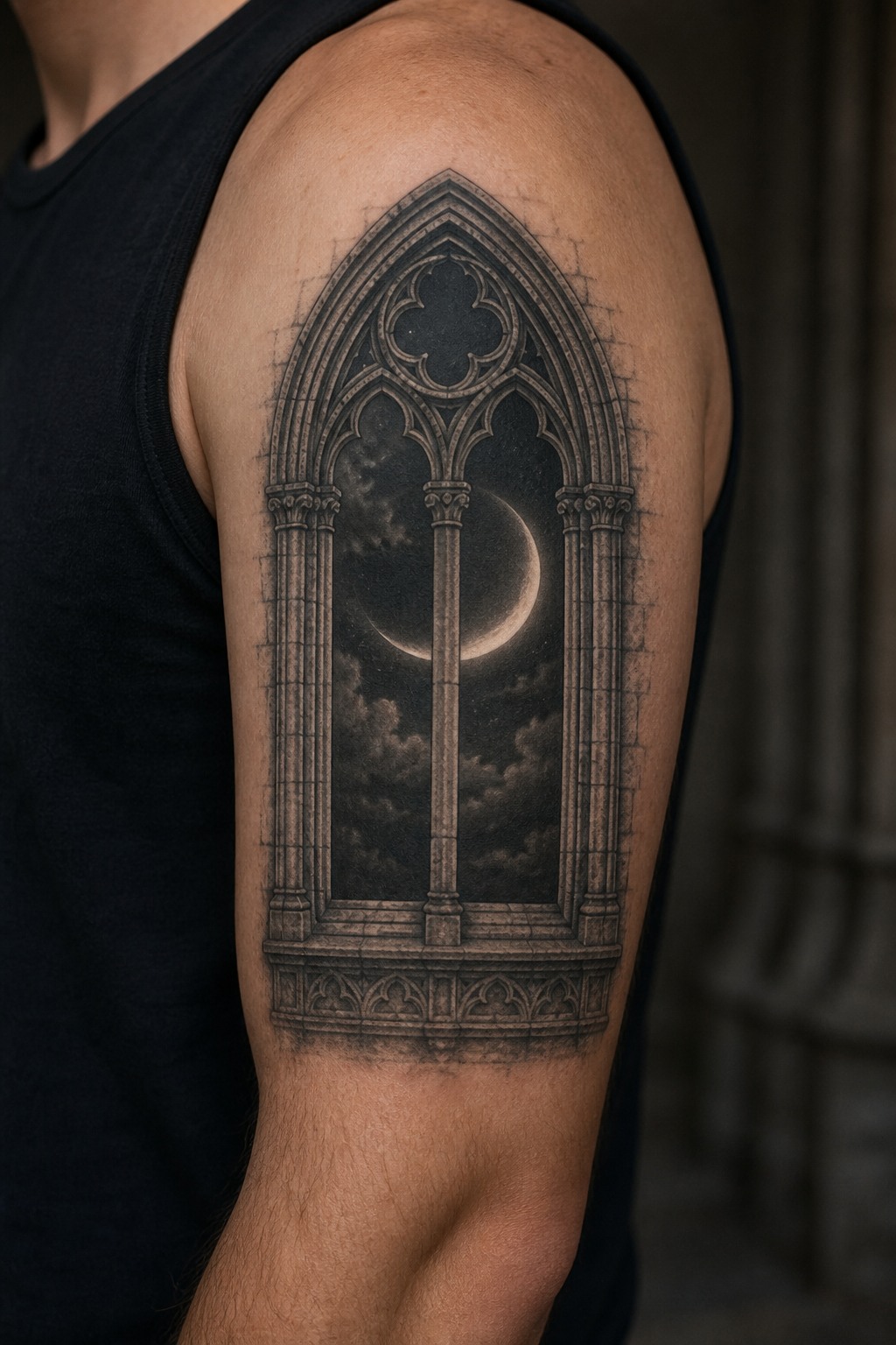 Gothic window framing a crescent moon bicep tattoo