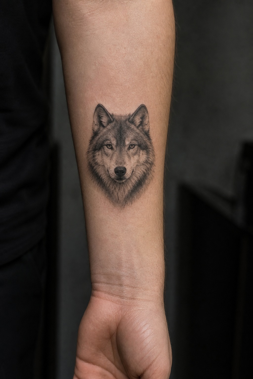 Micro realism lone wolf inner forearm tattoo