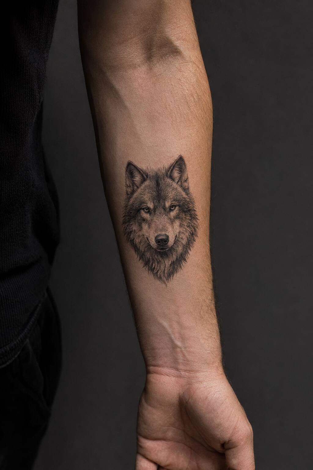 Micro realism wolf portrait inner forearm tattoo for men