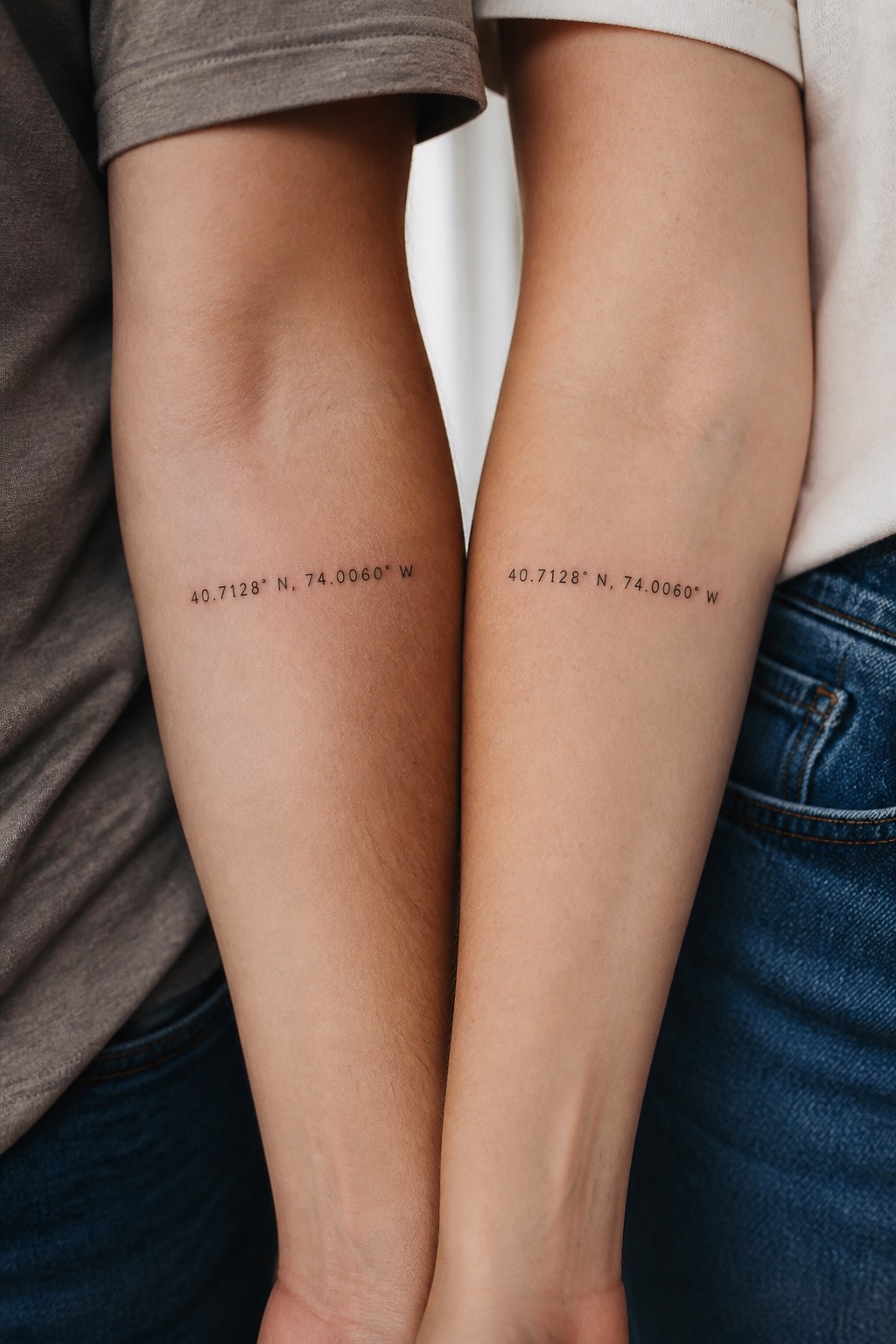 Minimalist geographical coordinate forearm couple tattoos