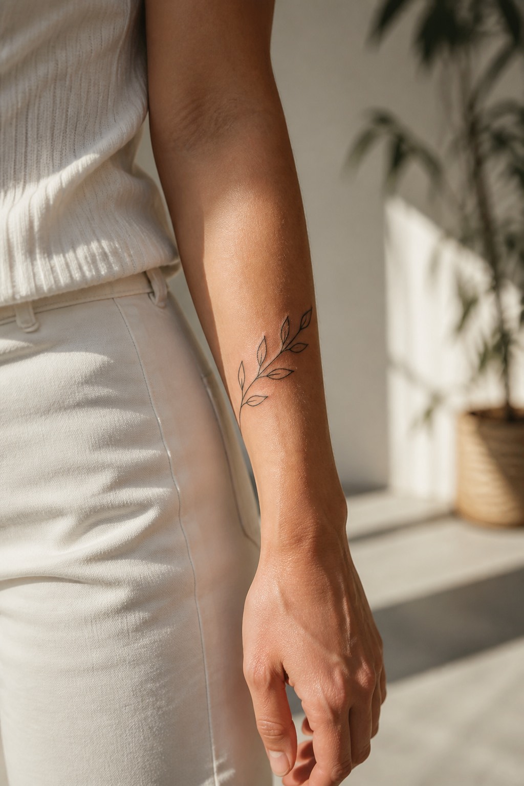 Single line olive branch forearm tattoo for women