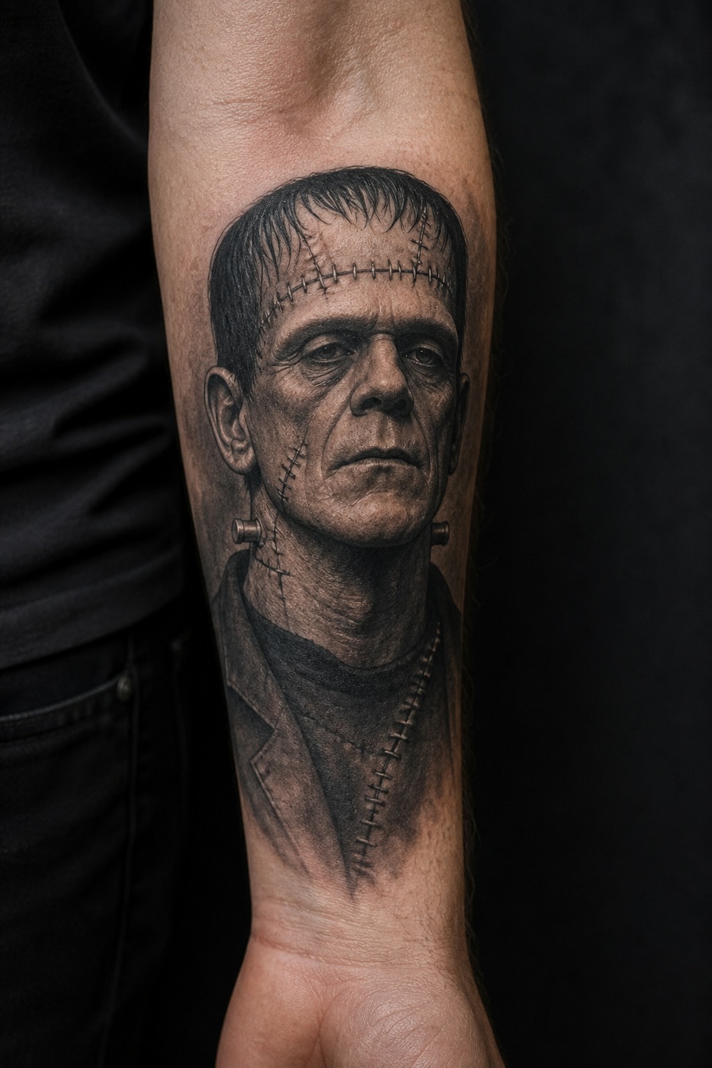 Stitched creature of Frankenstein forearm tattoo