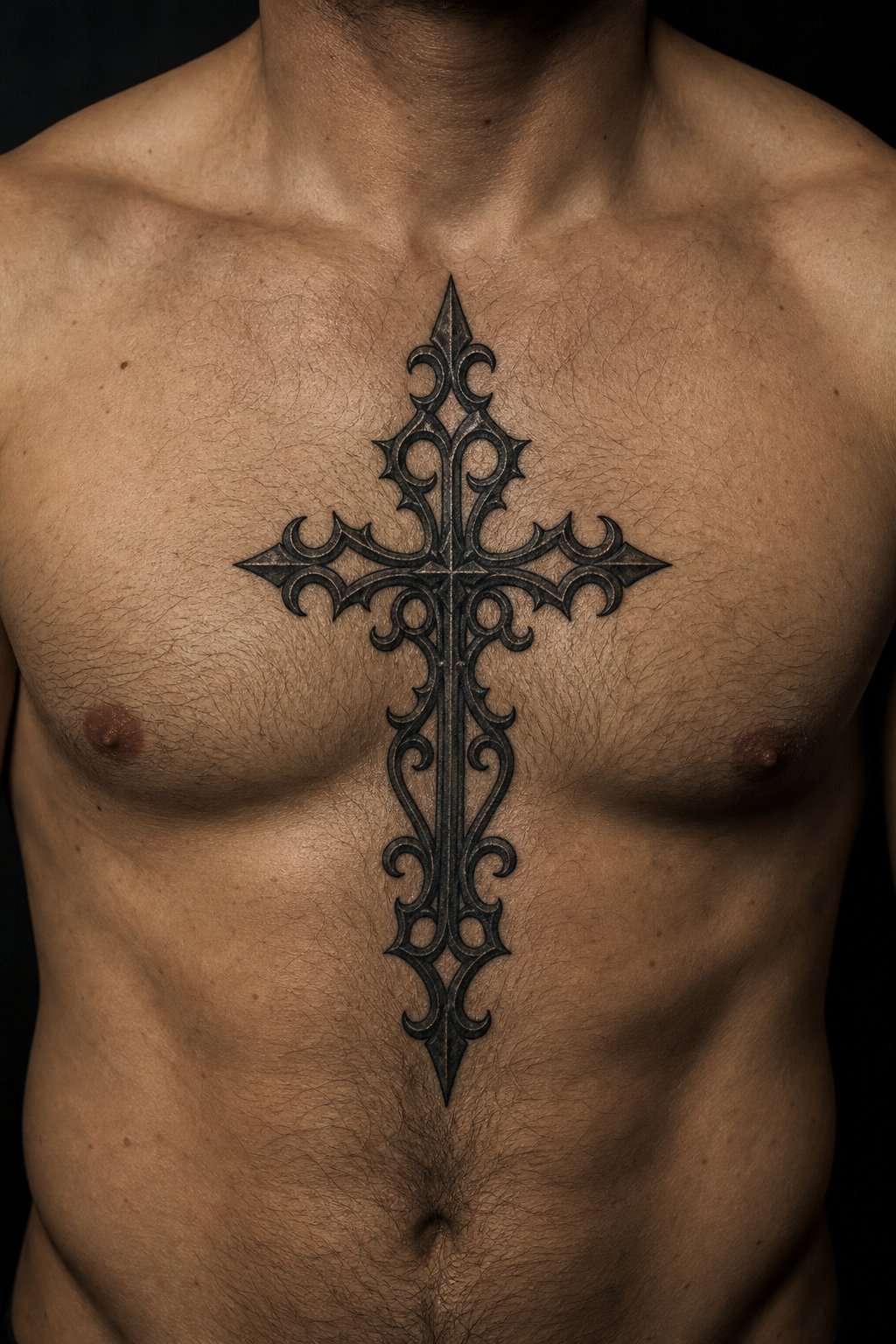 Wrought iron trefoil gothic cross chest tattoo