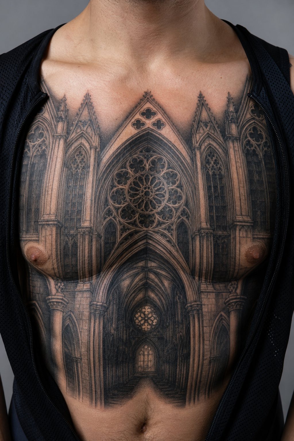 Gothic cathedral arch pectoral tattoo for men