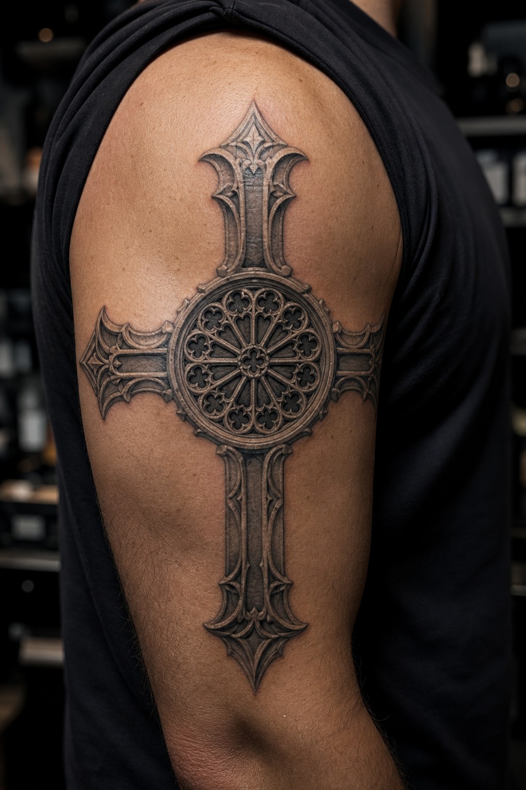 Cathedral rose window gothic cross bicep tattoo