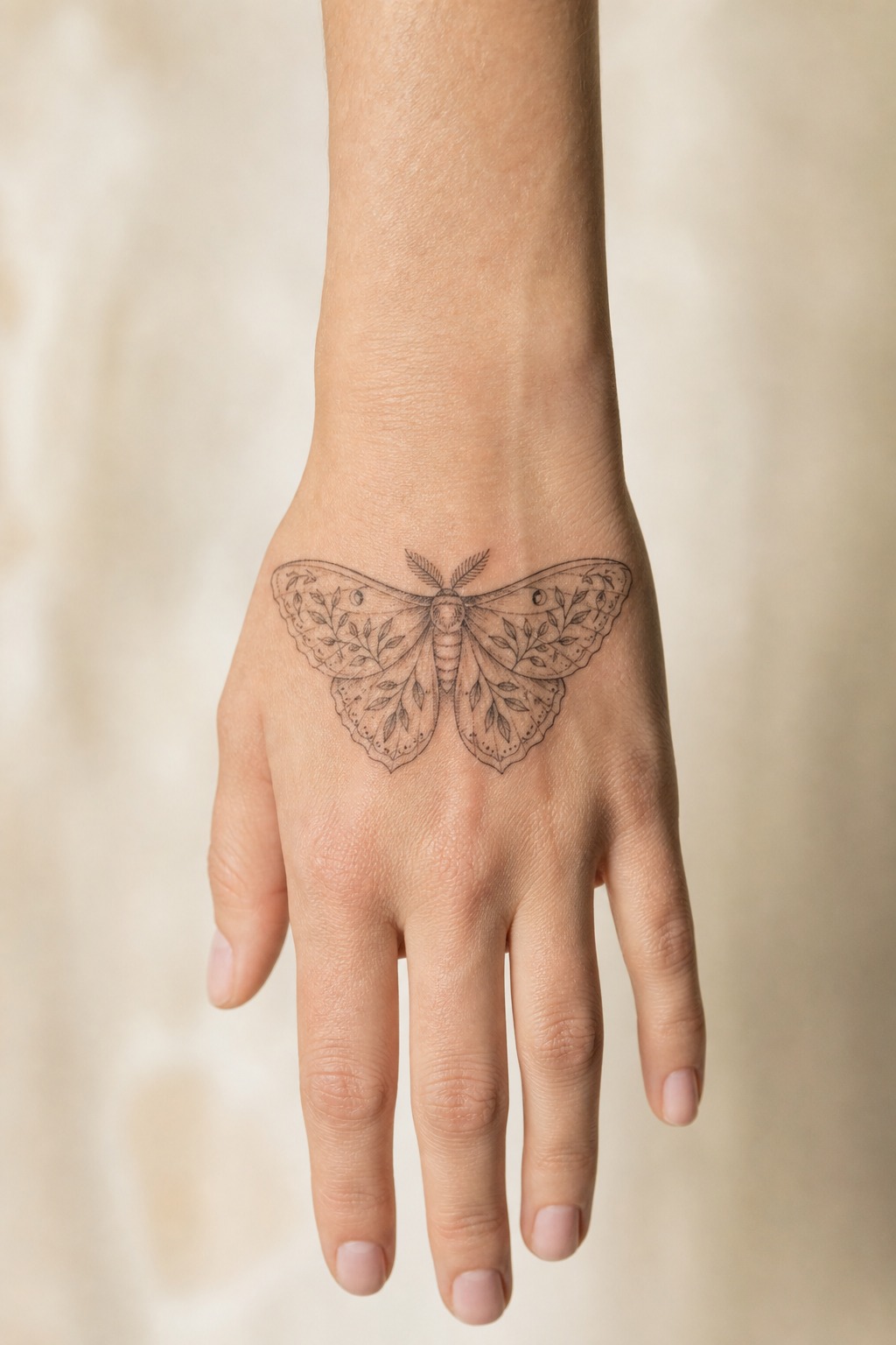 Fine line botanical moth back of hand tattoo for women
