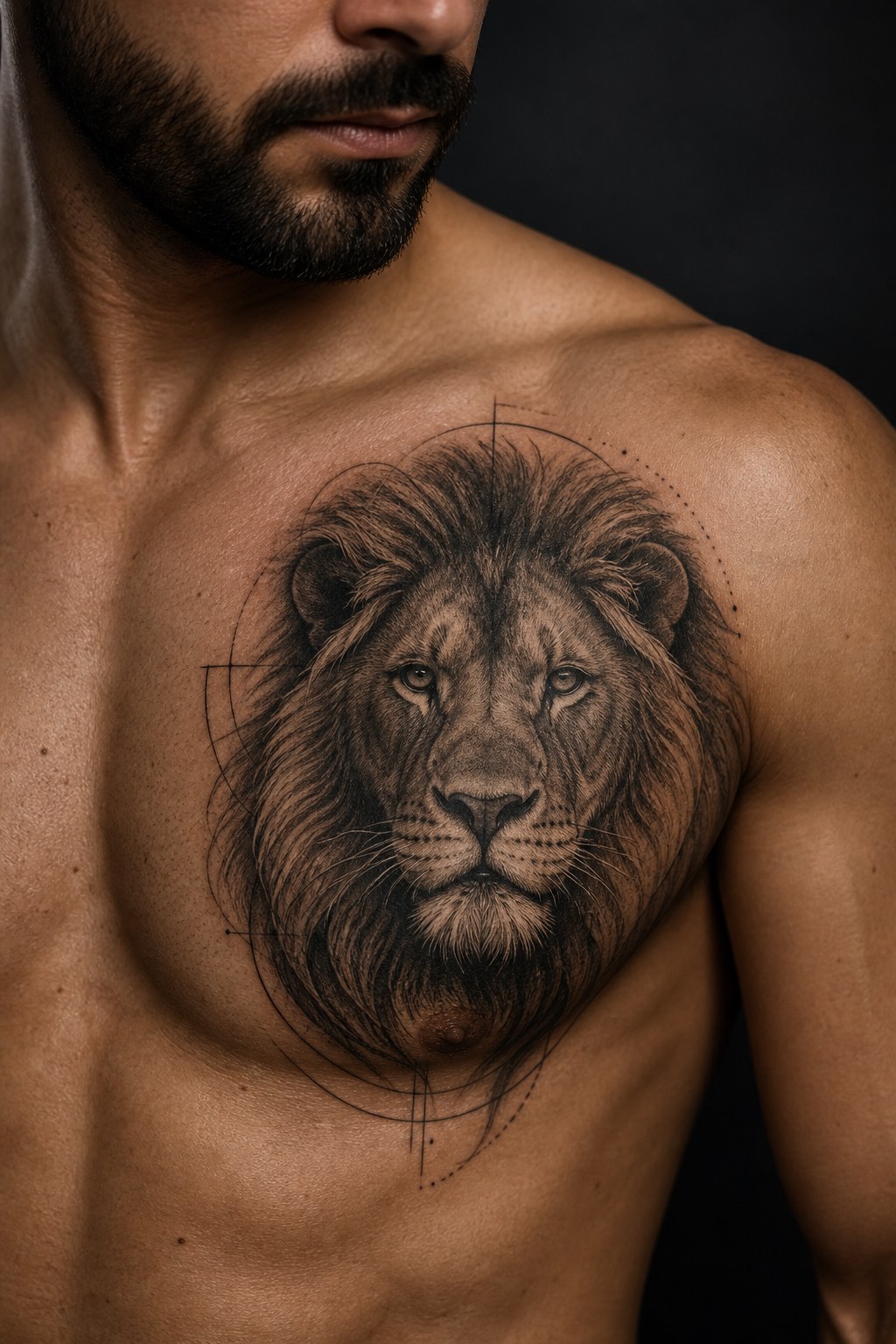 Lion portrait chest tattoo design for men