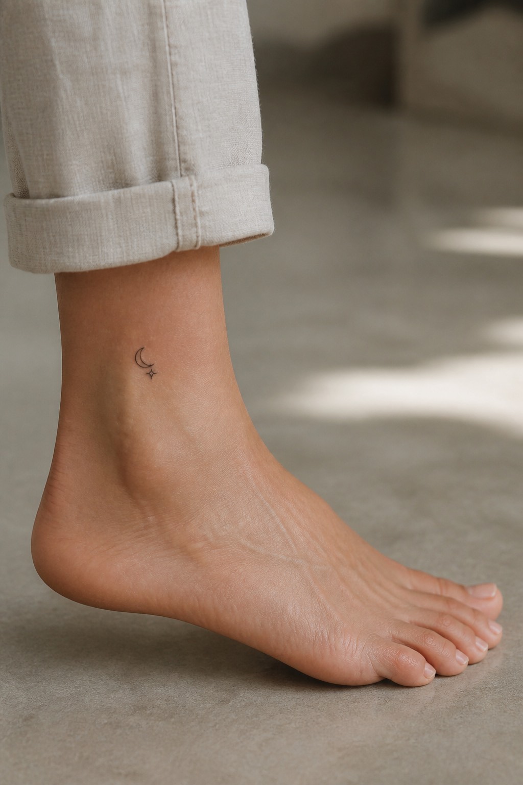 Minimalist crescent moon and star ankle tattoo for women