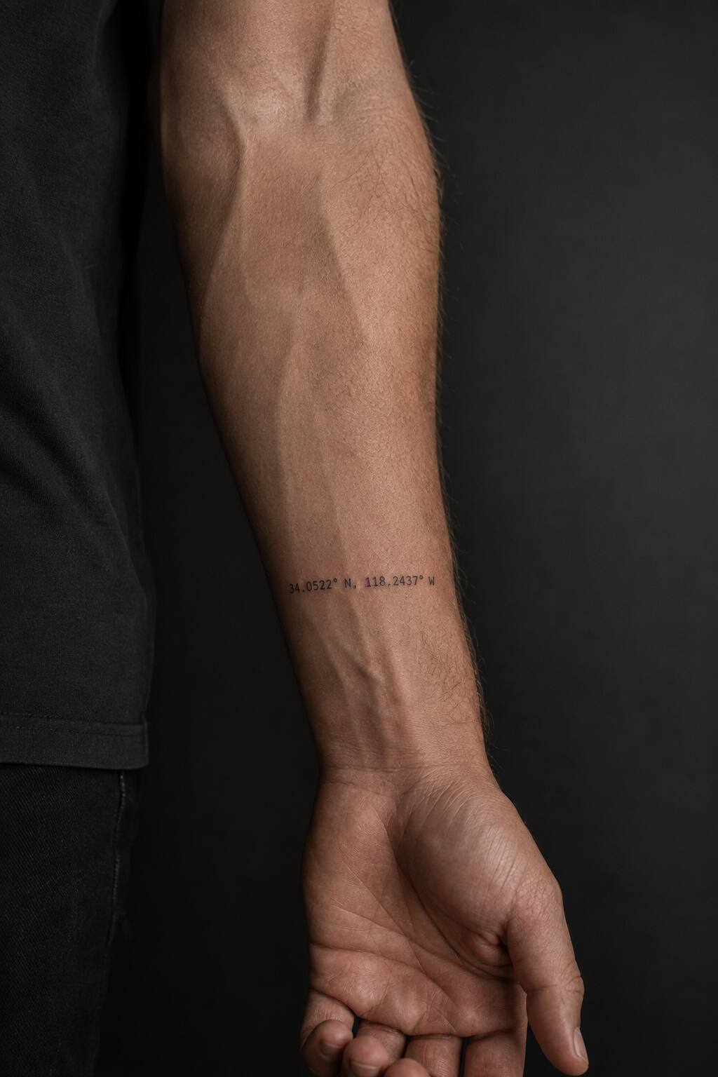 Minimalist latitude coordinates forearm tattoo for men