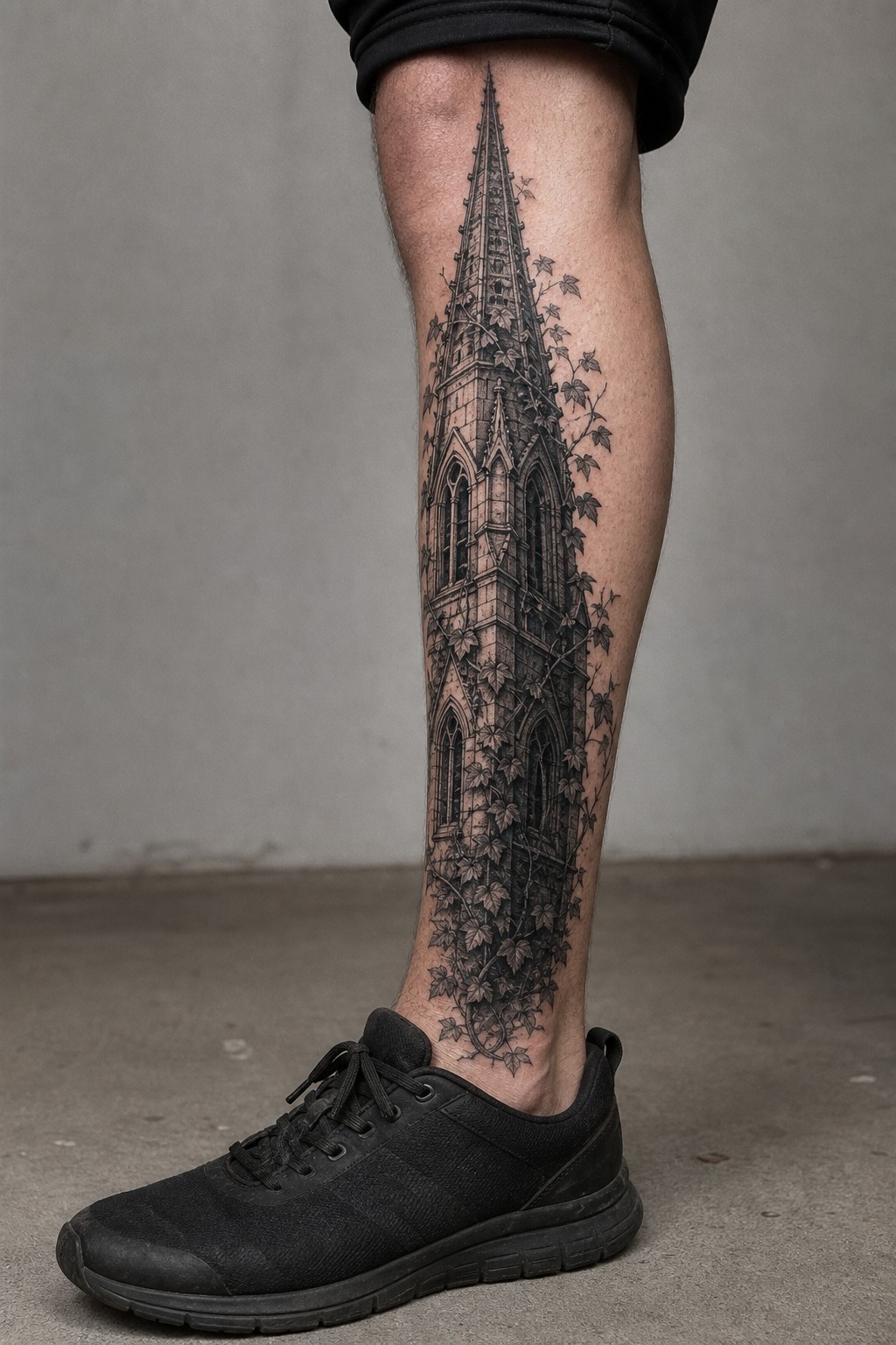 Overgrown gothic cathedral spire shin tattoo