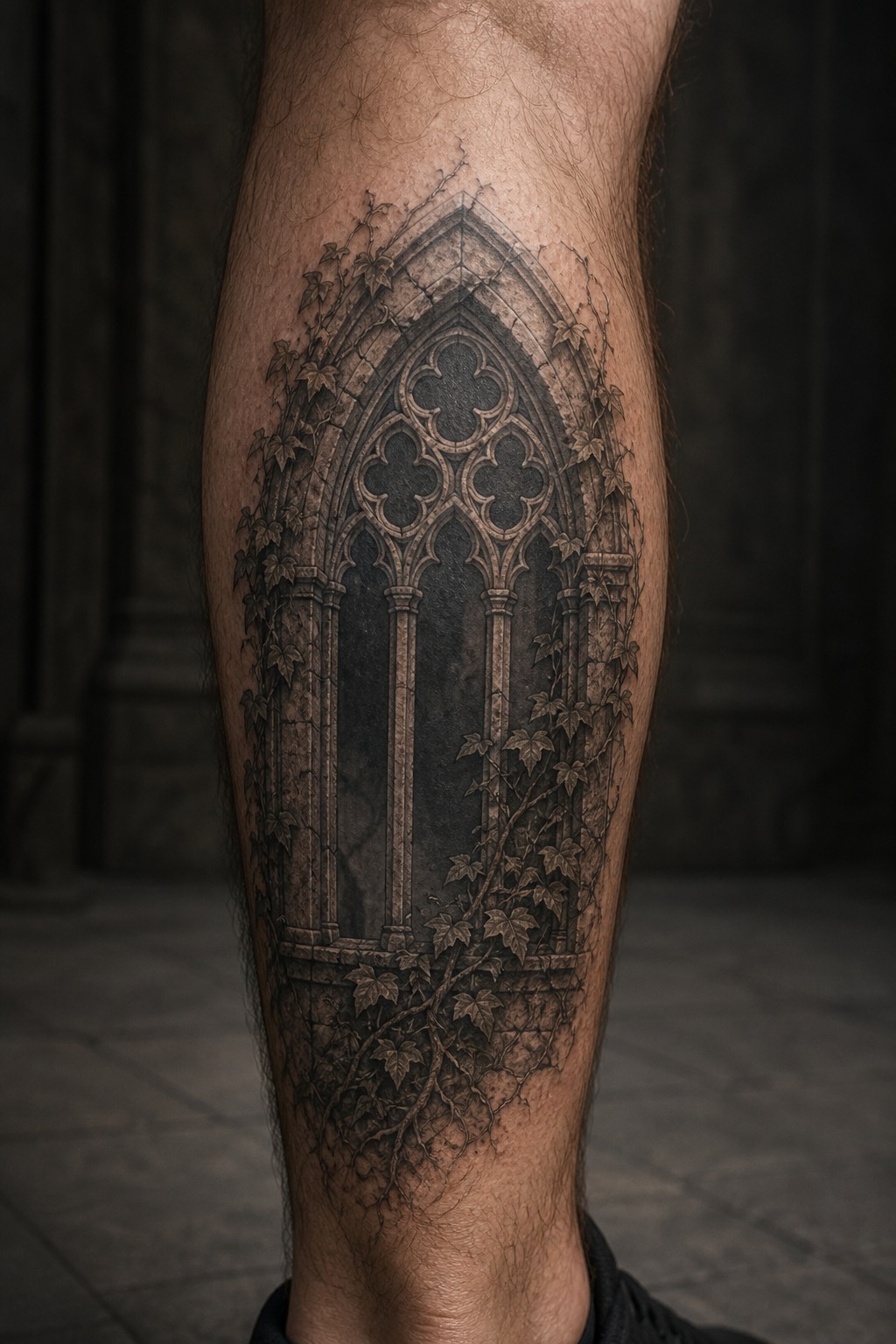 Overgrown gothic arch window shin tattoo
