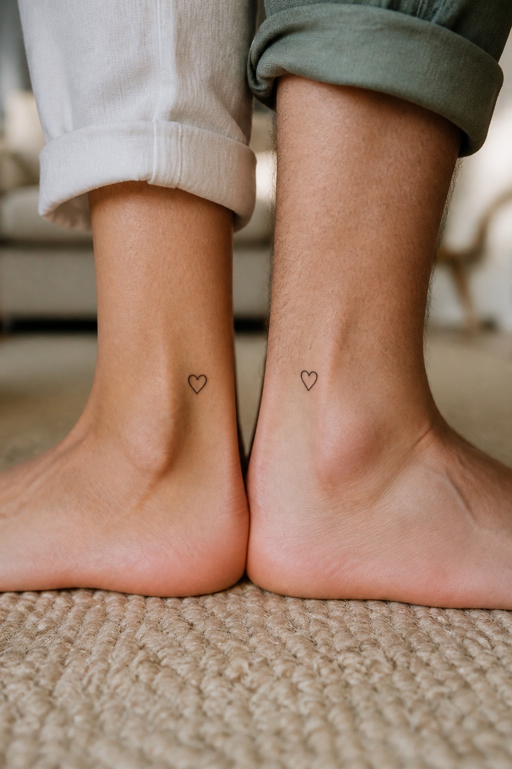 Tiny matching heart line art couple tattoos